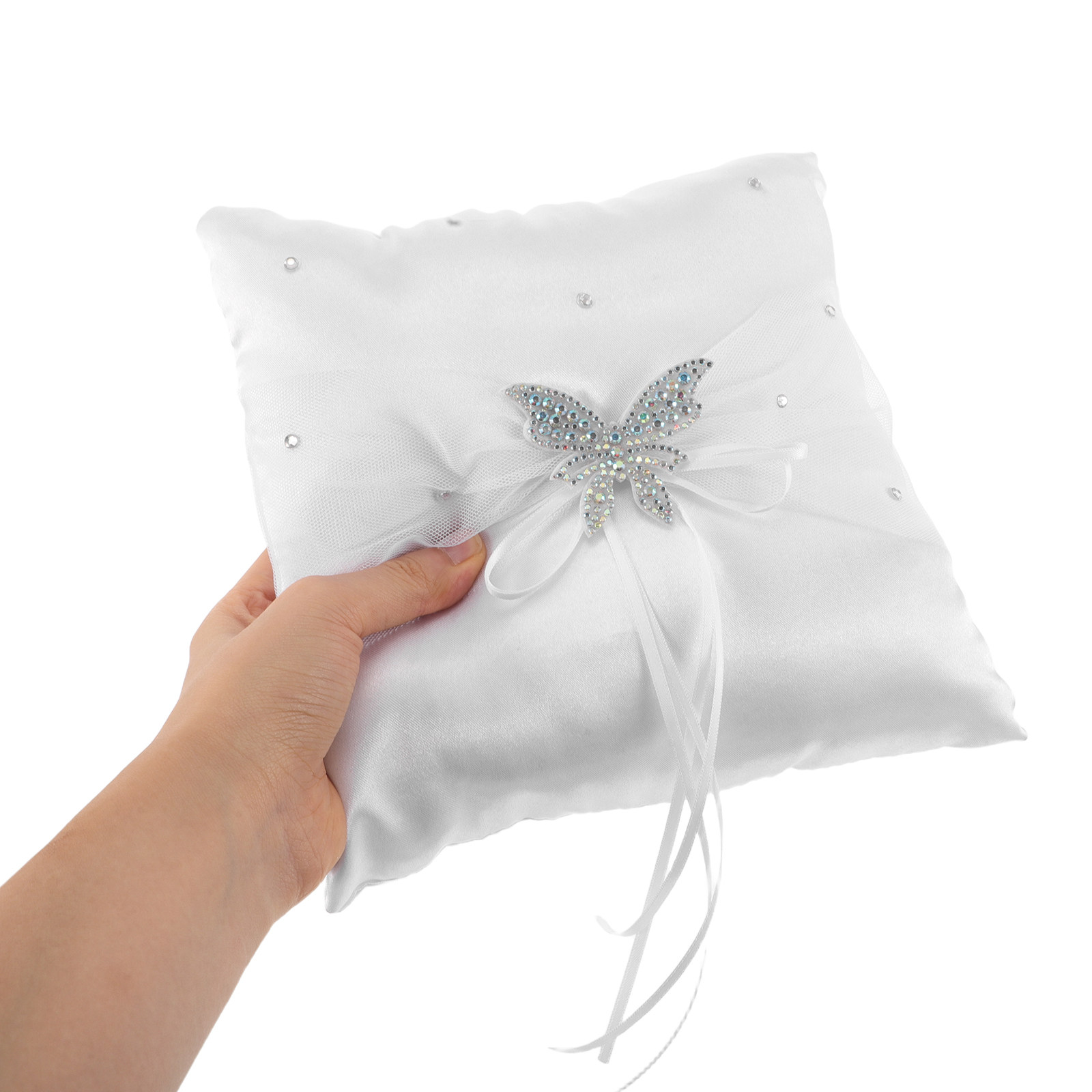 Ring Bearer Pillow - Wedding Ring Pillow White Satin Rhinestone